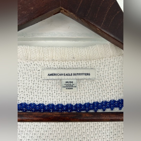 White with Blue Stripes Open Front American Eagle Cardigan - Picture 3 of 9